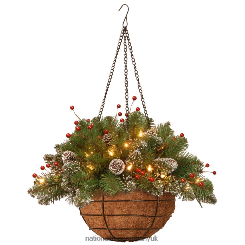 Greenery | National Tree Company Pre-Lit Artificial Christmas Hanging Basket Mountain Spruce Decorated With Frosted Pine Cones Berry Clusters White Lights Christmas Collection 20 Inches F2L4F437